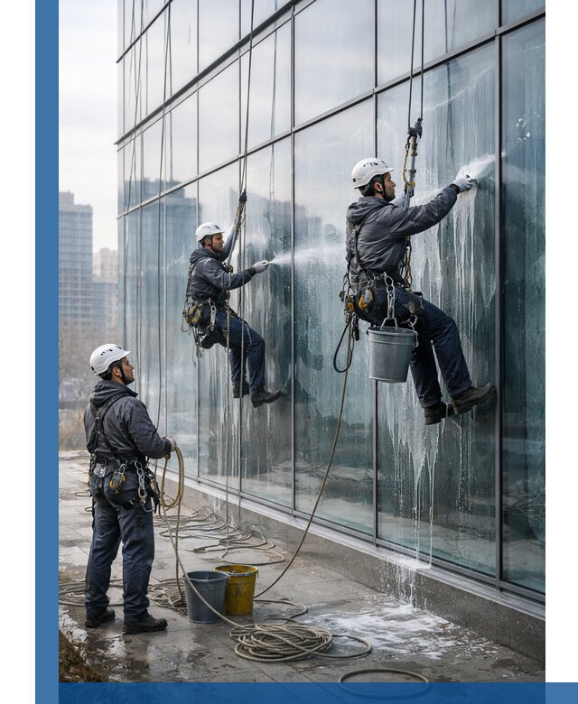 Промышленная мойка панорамных окон на высоте в Кропоткине