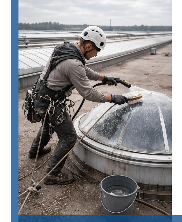 Мойка зенитных фонарей на кровле для промышленных объектов в Кропоткине