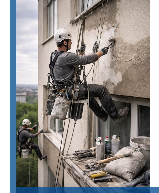 Косметический ремонт фасада зданий в Кропоткине промышленными альпинистами