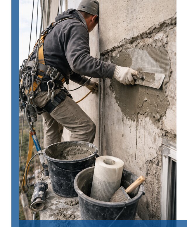 Ремонт бетонных элементов фасада промышленными альпинистами в Кропоткине