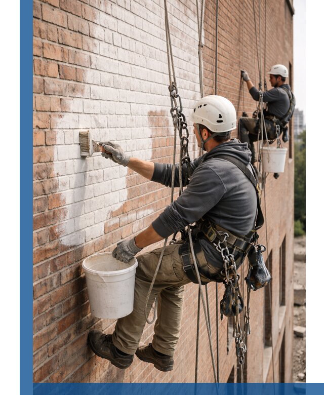 Покраска кирпичного фасада с доступным альпинистским сервисом в Кропоткине
