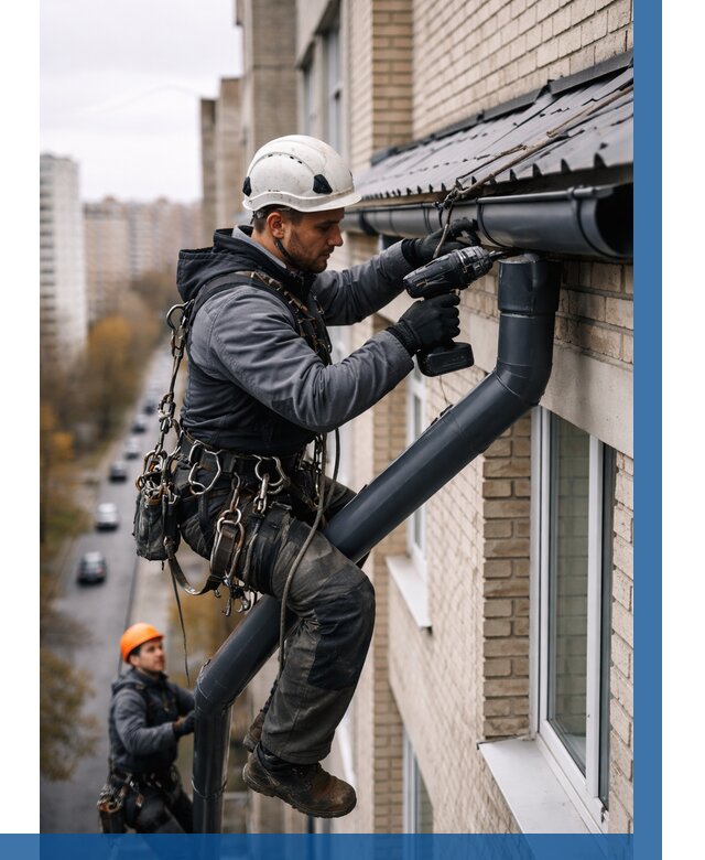 Монтаж водосточной системы на здании в Кропоткине от 5430 р. | ВЫСОТНИК-Крп