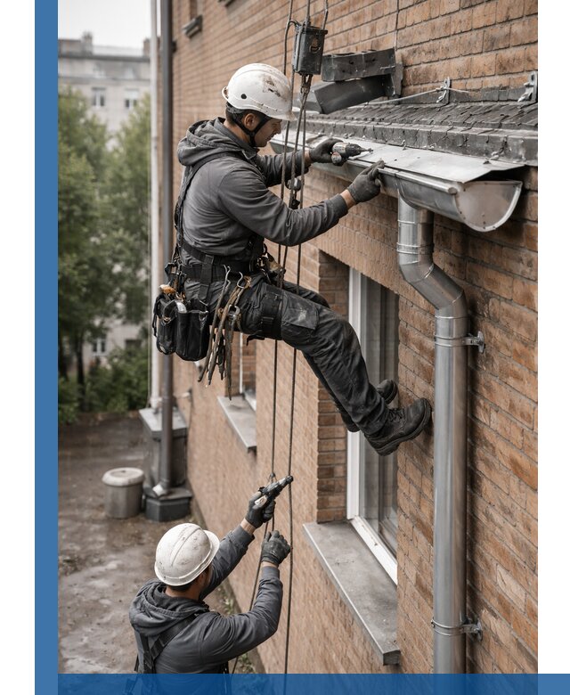 Монтаж водосточной системы на здании в Кропоткине под ключ