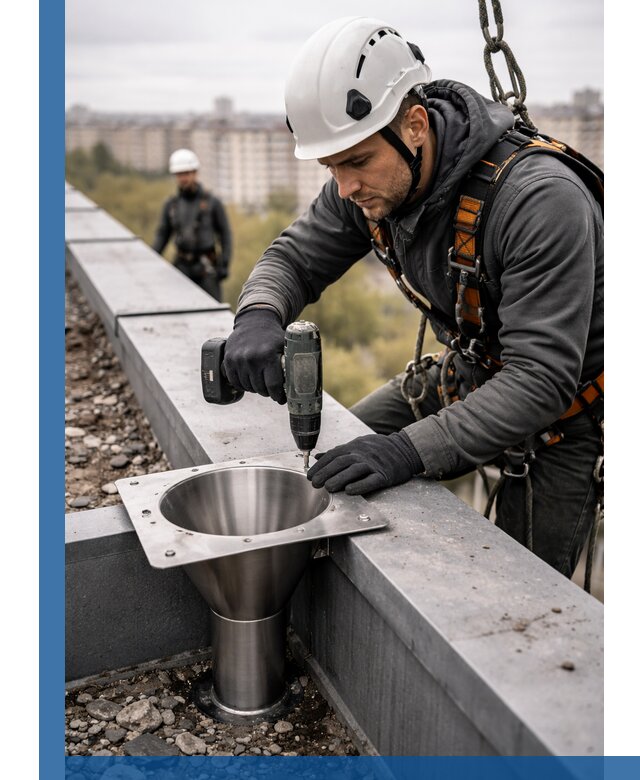 Монтаж водосточных воронок в Кропоткине для промышленных зданий