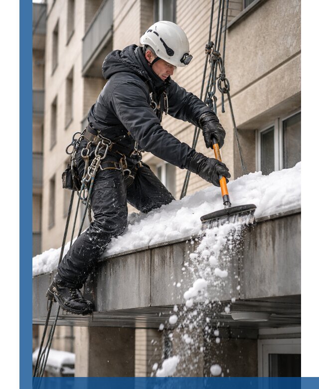 Очистка козырьков от снега в Кропоткине круглогодично безопасно