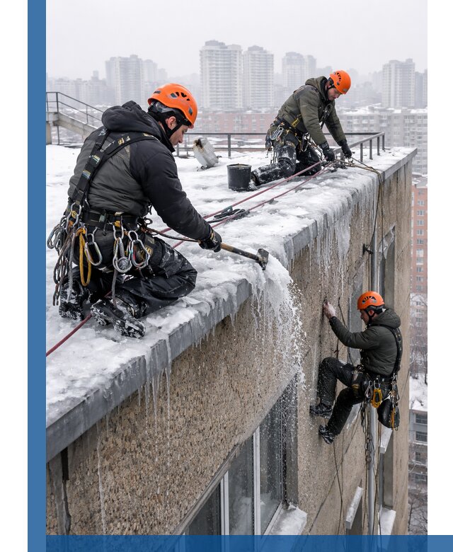 Удаление наледи с кровли в Кропоткине промышленными альпинистами