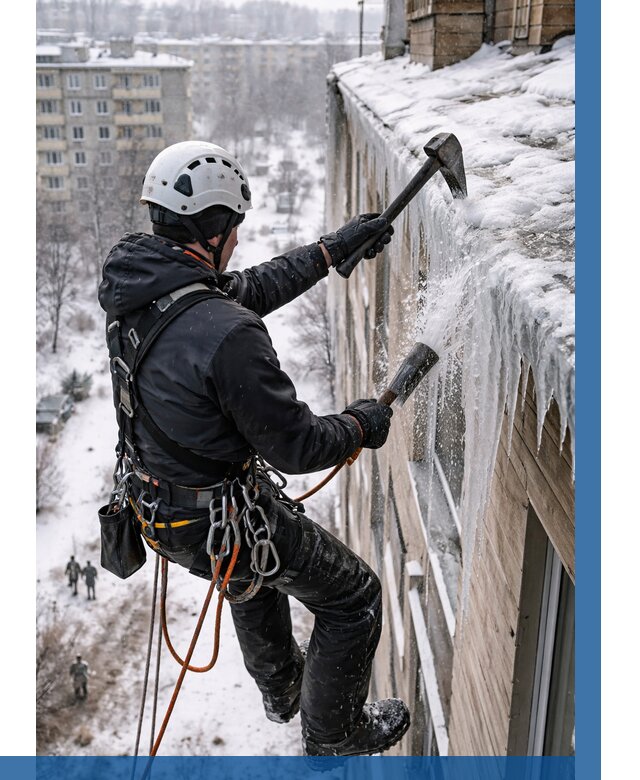 Сбивание сосулек с крыши в Кропоткине по цене от 4887 р. | ВЫСОТНИК-Крп