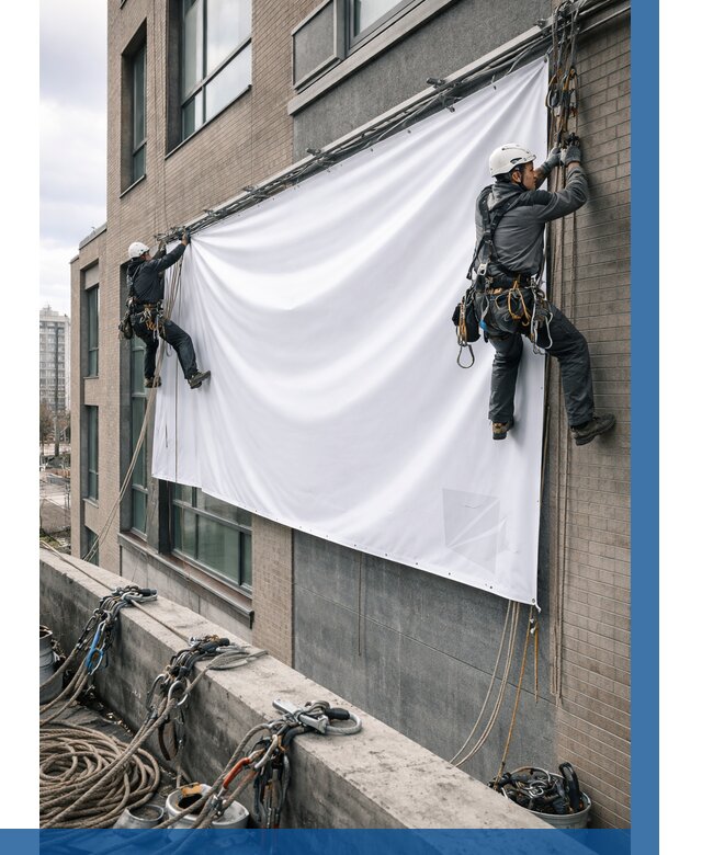 Монтаж баннеров на фасаде в Кропоткине от 706 р. заказать ВЫСОТНИК-Крп