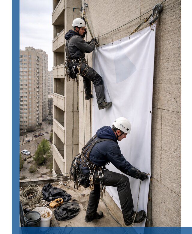 Профессиональный монтаж баннеров на фасаде в Кропоткине