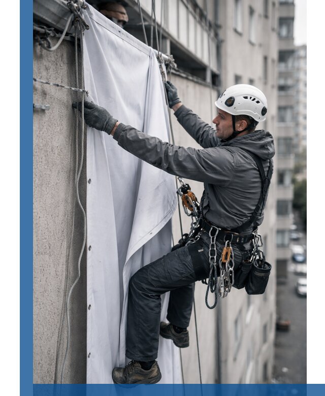 Замена баннерного полотна промышленными альпинистами в Кропоткине