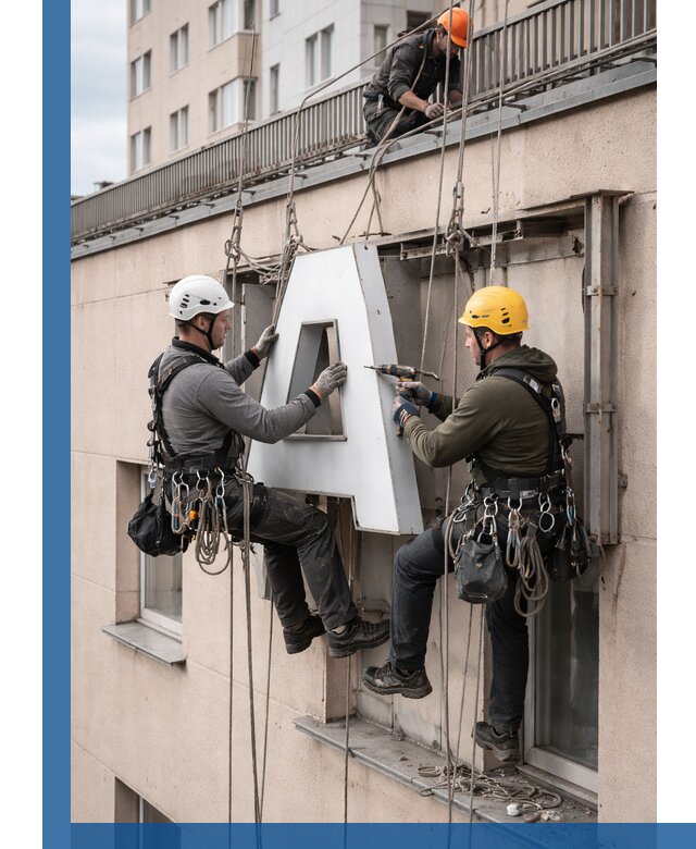 Ремонт и восстановление наружных вывесок на высоте в Кропоткине