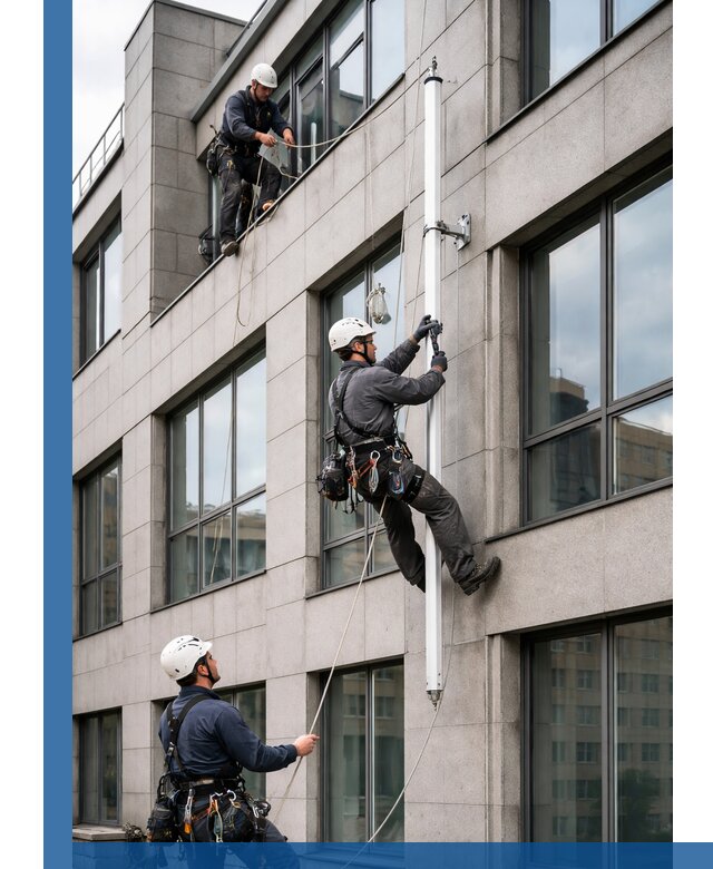 Монтаж флагштока на фасаде здания с креплением и герметикой в Кропоткине