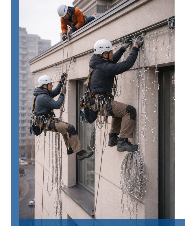 Монтаж праздничных гирлянд на фасаде в Кропоткине для зданий