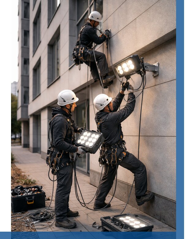 Монтаж прожекторов на фасаде в Кропоткине от 8144 р. | ВЫСОТНИК-Крп