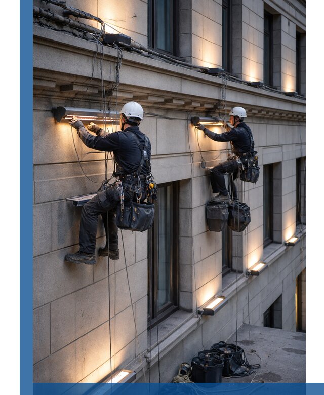 Монтаж архитектурной подсветки фасадов зданий в Кропоткине