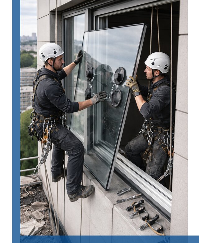 Замена стеклопакетов на высоте с промышленными альпинистами в Кропоткине