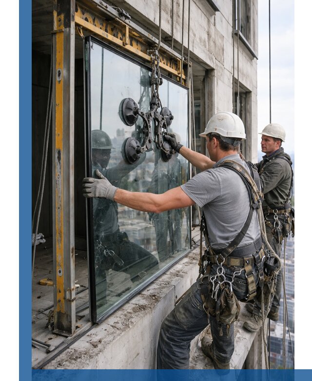 Монтаж стеклопакетов на высоте в Кропоткине с промышленным альпинизмом