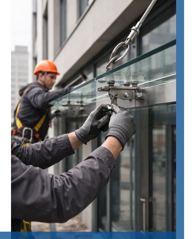 Монтаж стеклянных козырьков в Кропоткине от 9230 р. | ВЫСОТНИК-Крп