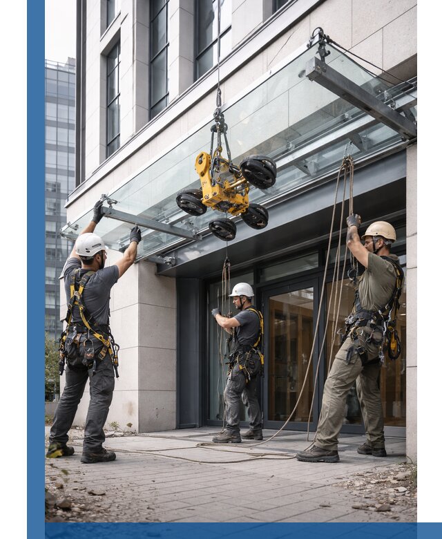 Монтаж стеклянных козырьков под ключ в Кропоткине для зданий