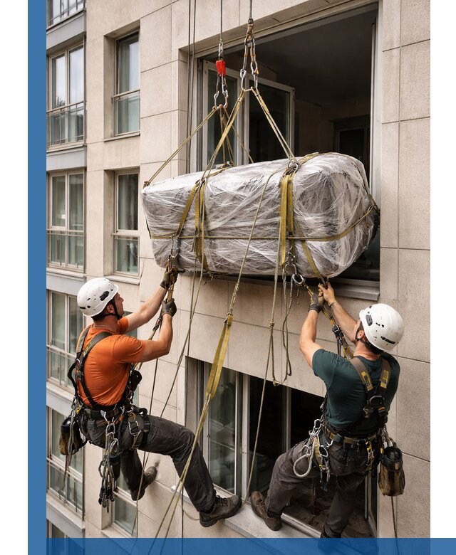 Подъем грузов через окно в Кропоткине промышленными альпинистами