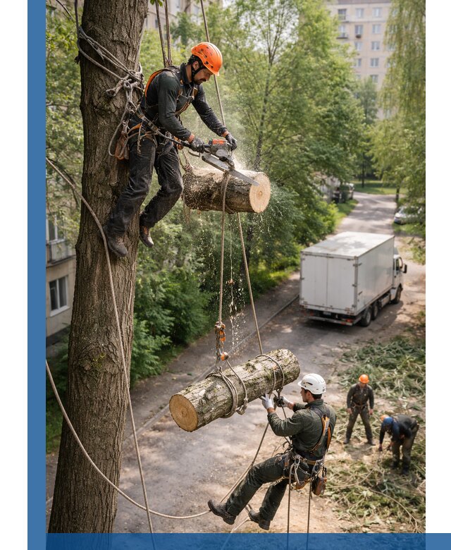 Спил деревьев альпинистами в Кропоткине, безопасно и без повреждений
