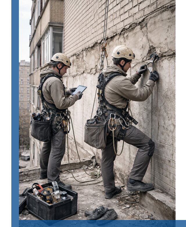 Обследование фасада промышленными альпинистами в Кропоткине